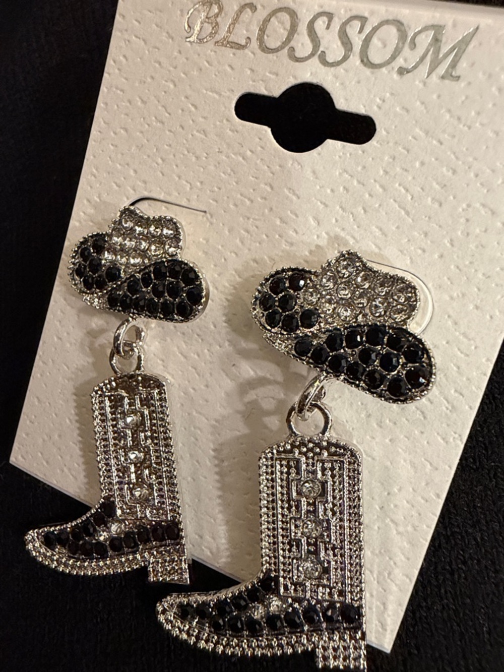 Blossom Silver and Black Cowboy Boot Dangle Earrings